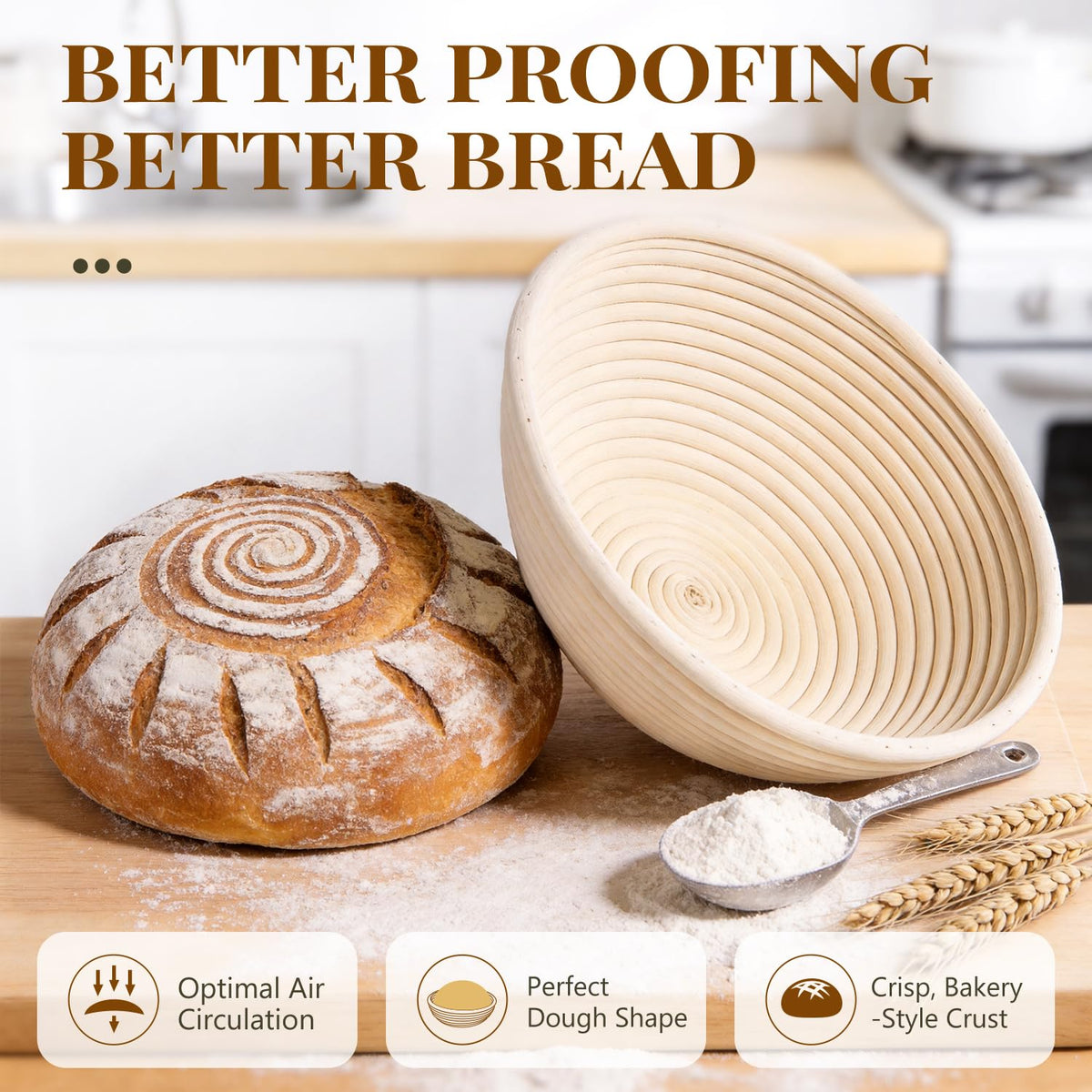 Bavify Bread Proofing Baskets, 9 Inch Round Rattan, Set of 2 Natural