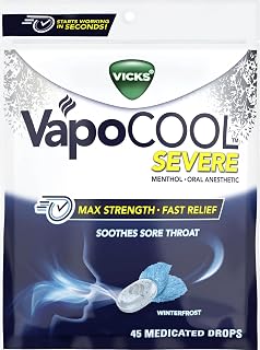 Vicks VapoCool Severe Medicated Sore Throat Drops, Max Strength Menthol, Soothes Sore Throat Pain, Winterfrost Flavor, 45ct