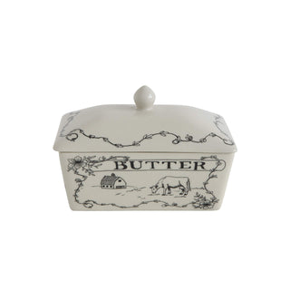 Creative Co-Op Stoneware Butter Dish, Spread The Love Farm Design, White And Black