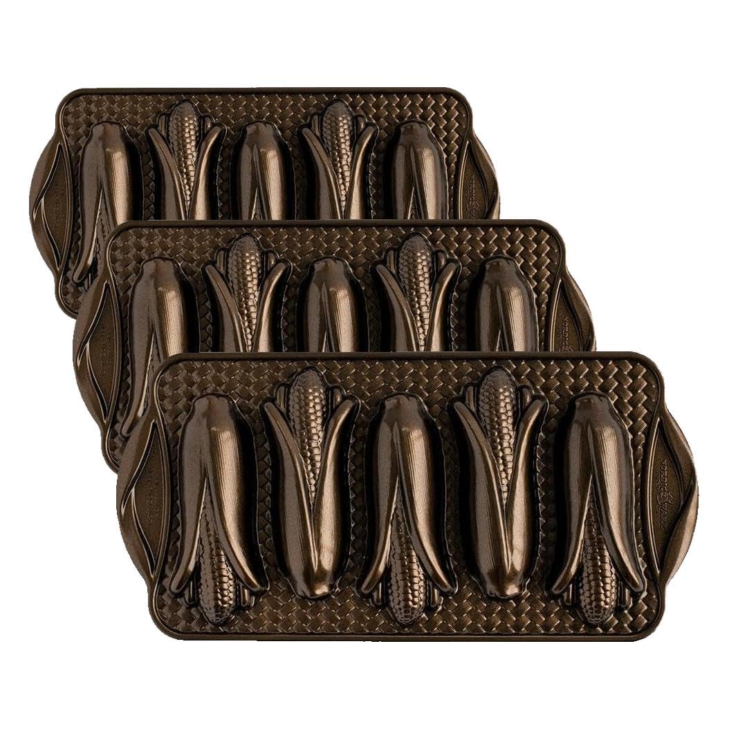 Cornbread Corn Cakes Pan (Pack of 3) by Nordic Ware – 2-Cup (Pack of 3), 2.0 cups, Aluminum, Bronze, Pack of 3