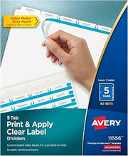Avery 5 Tab Dividers for 3 Ring Binder, Easy Print & Apply Clear Label Strip, Index Maker Customizable White Tabs, 4-Pack of 50 Sets, 200 Sets Total (11556)