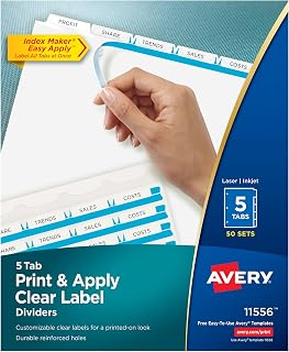 Avery 5 Tab Dividers for 3 Ring Binder, Easy Print & Apply Clear Label Strip, Index Maker Customizable White Tabs, 4-Pack of 50 Sets, 200 Sets Total (11556)