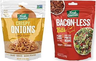 Fresh Gourmet Savory Toppings Variety Pack – Includes Garlic Pepper Crispy Onions & Bacon-Less Bits, 3.5 Oz Each (2-Pack) – Perfect for Adding a Savory, Crunchy Boost to Salads, Baked Potatoes & More
