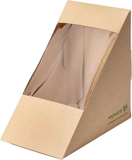 Vegware Compostable Wedge Sandwich Containers, Case of 500, To Go Food Box, With PLA Window, 4.9x3.3x4.9, Sustainably Sourced Sturdy Bamboo Paperboard