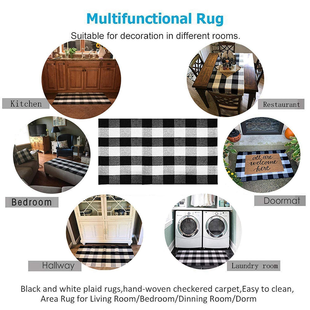 Seeksee Buffalo Check Outdoor Rug, 27.5 x 43 Inches, Black and White