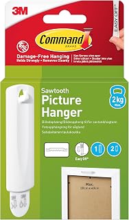 Sawtooth Picture Hangers, Damage Free Hanging Frame Hangers, No Tools Wall Hooks for Hanging Sawtooth Frames in Living Spaces, 1 White Picture Frame Hanger and 2 Command Strips