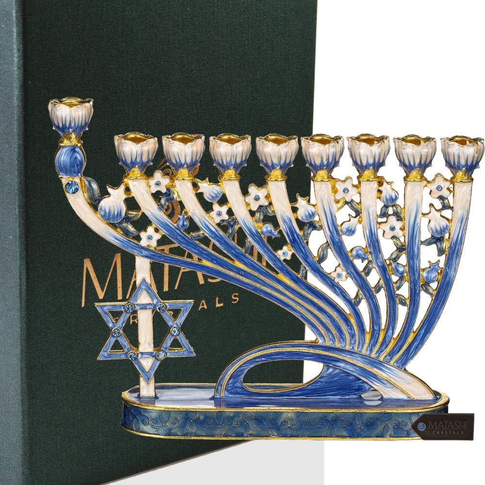 Matashi Hand Painted Menorah, Pewter with Blue Enamel and Crystals