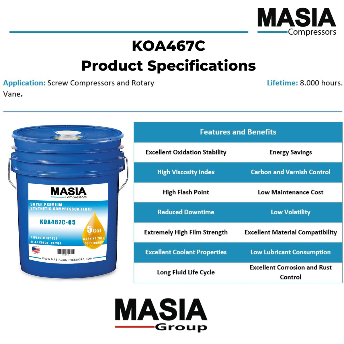 CP-4601-46 Lubricant for Compressor Compatible with CPI - 55 gal by MASIA COMPRESSORS – Model KOA467C-55-068