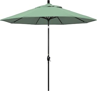 California Umbrella 9' Round Aluminum Market Umbrella, Crank Lift, Push Button Tilt, Black Pole, Pacifica