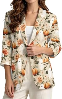 Halloween Women's Slim Blazer, 3/4 Sleeve Linen Like Suit Jacket with Pocket
