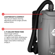 Electric Backpack Vacuum 6 qt Lightweight Commercial High-Performance Cleaning Solution by Tomahawk Power – 6 qt, 6 quarts, Gray, Model TVAC6PLUS
