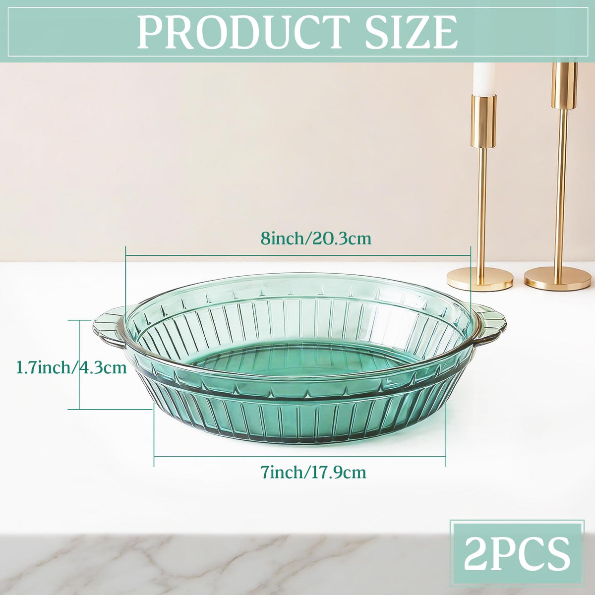 Mifoci Glass Pie Dish, 8 Inch Round Deep Plate with Handles, Green