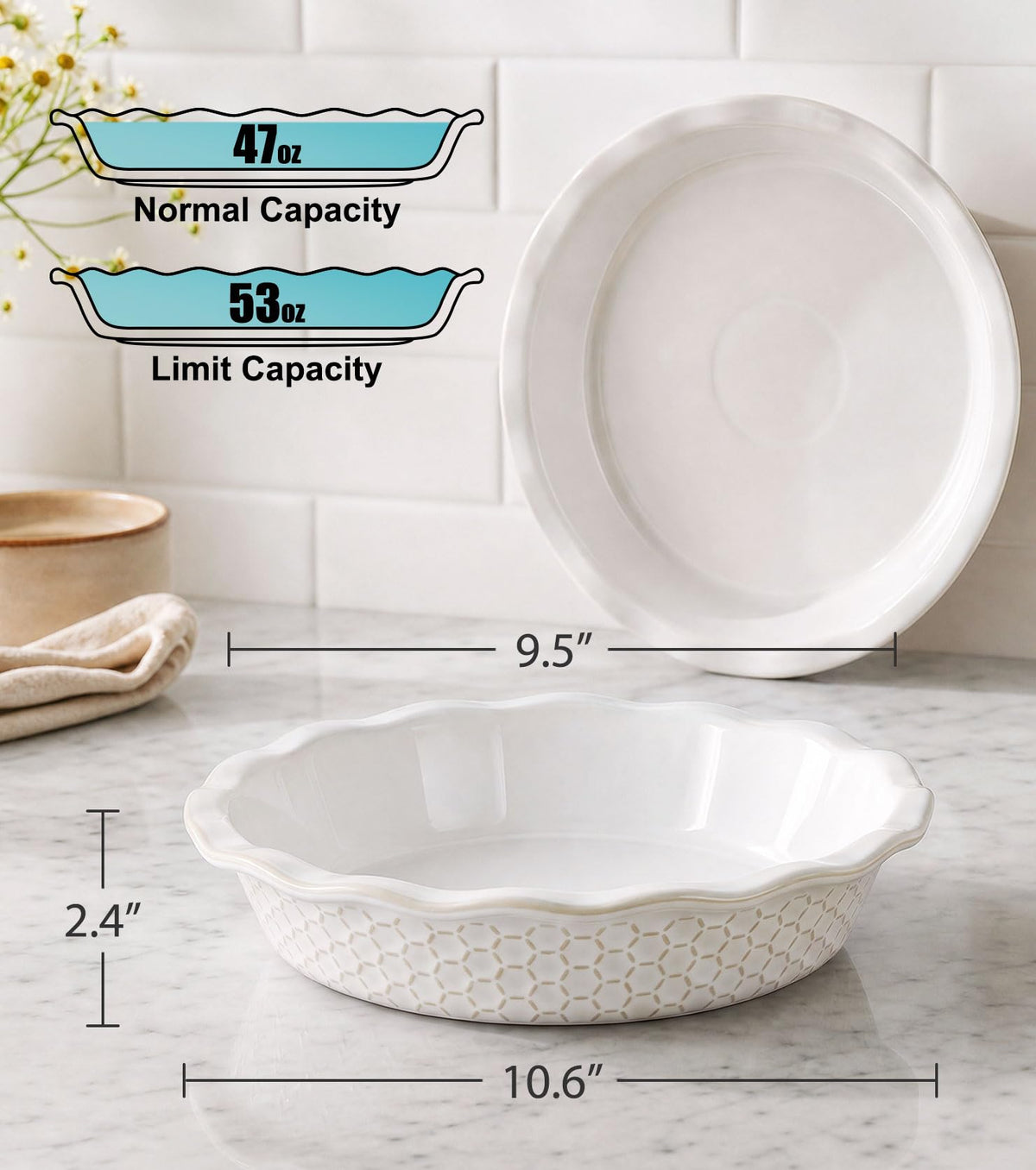 Lareina Ceramic Deep Dish Pie Pan, 53 oz, Honeycomb and Tree