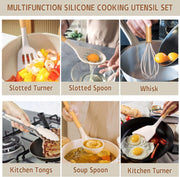 Umite Chef Silicone Utensil Set, 33 Piece with Wooden Handles, Khaki