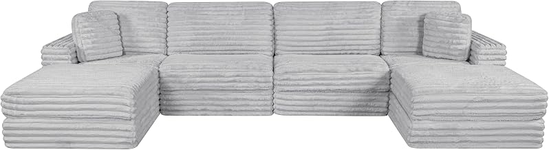 Sectional Sofa 6pc Modular, 2-Inch Faux Rabbit Fur Cloud Couch, Vacuum Compressed Sofa in a Box, Upgraded Pocket Spring Seating, Modular Sectional with Throw Pillows