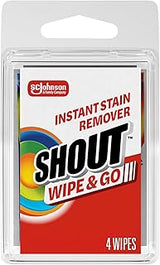 SHOUT Wipes, Wipe and Go Instant Stain Remover, Laundry Stain and Spot Remover for On-the-Go, 4 Wipes (Pack of 1)