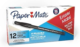 Paper Mate EraserMate Erasable Pen, Medium Point, Black, Box of 12