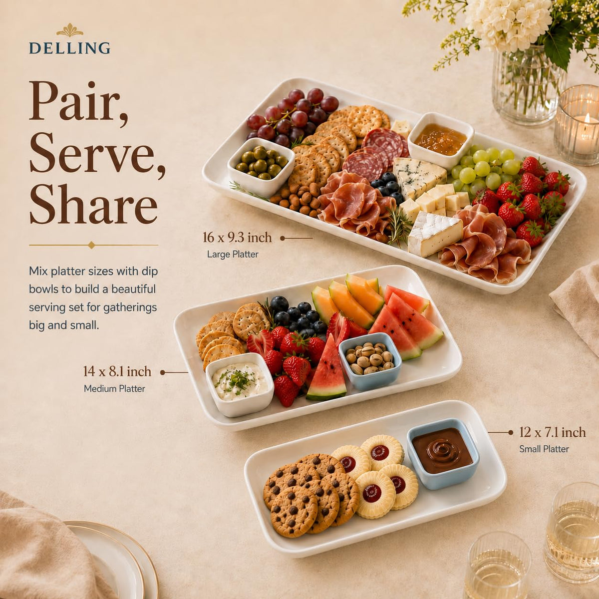 Delling Porcelain Serving Platter Set, 16/14/12 Inch, White