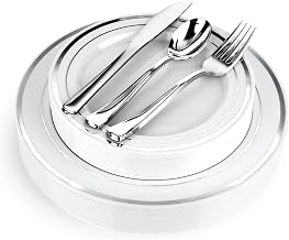 125-Piece White and Silver Fancy Plastic Plates Disposable with Silverware, Elegant Dinnerware for Weddings, Holiday Party China, Set of 25 Dinner + Salad Plates, 25 Spoons, 25 Forks, 25 Knives