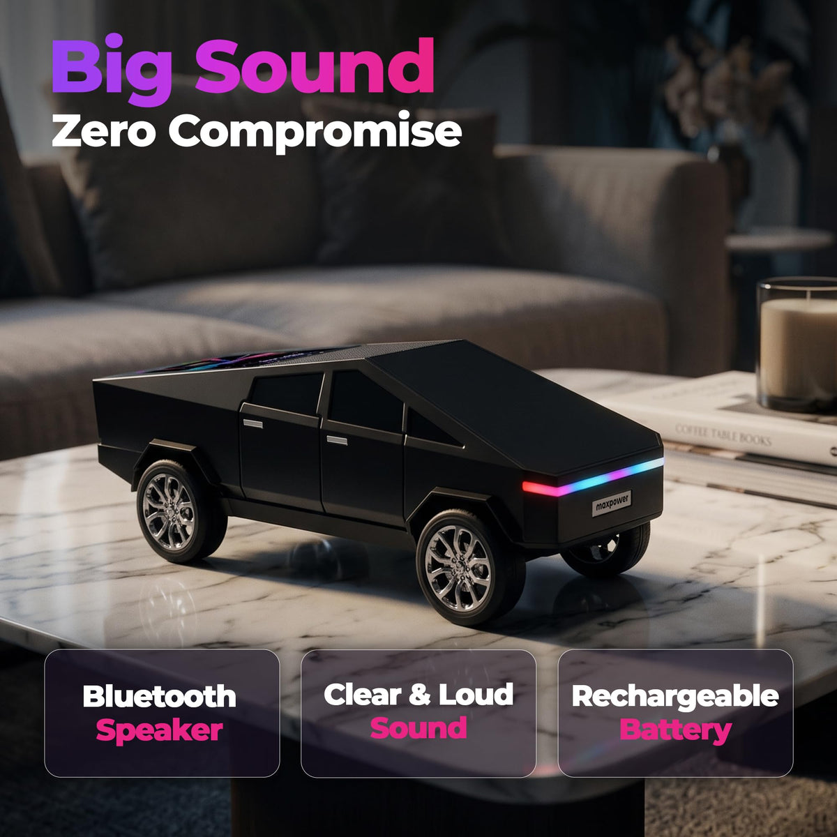 Cybertruck Wireless Bluetooth Speaker w/ Front LED Lights by Max Power – Plastic, Nickel, Black, Model MC580BK