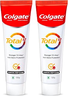 Colgate Total 120 gm+120 gm (240 gm) Charcoal Deep Clean Antibacterial Toothpaste, Combo Pack, Whole Mouth Health, Tooth Paste with 12-Hour World's No.1* Germ-Fighting Toothpaste (1.7 Ounce)