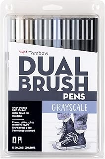Tombow 56171 Dual Brush Pen Art Markers, Grayscale, 10-Pack. Blendable, Brush and Fine Tip Markers