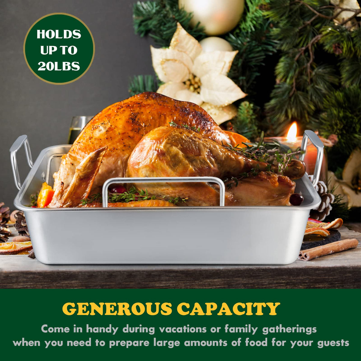 E-far Stainless Roaster with Racks, 16 by 11.5 Inch, Silver Large