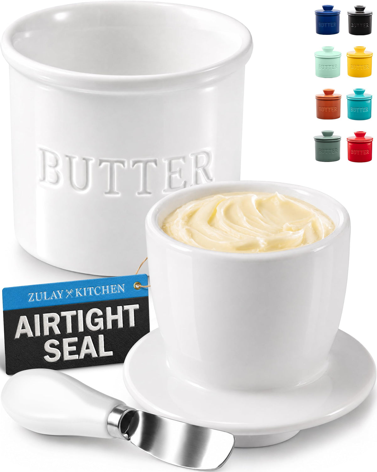 Zulay Kitchen Ceramic Butter Keeper, Bell Shape with Knife, White