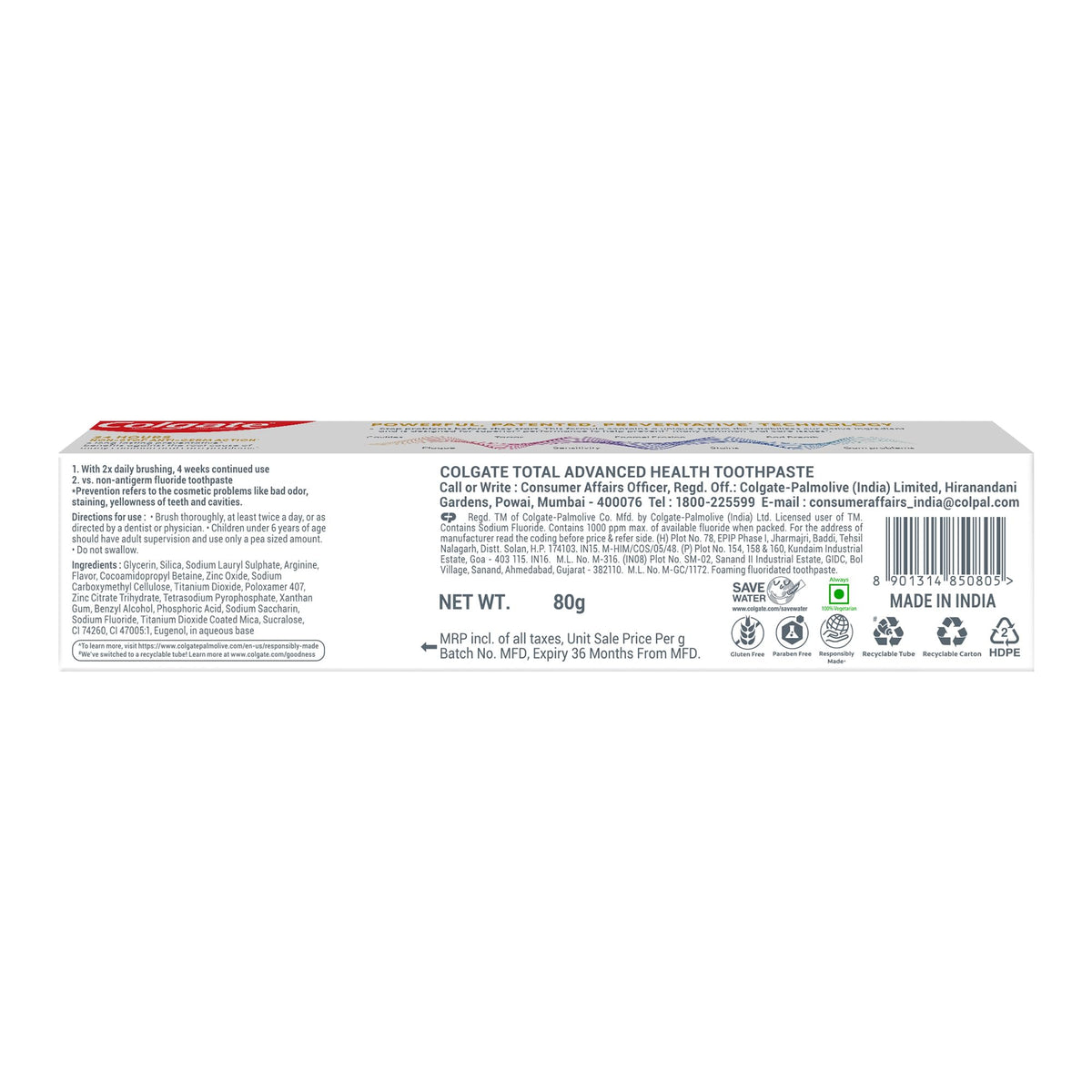Total Advanced Health Antibacterial Toothpaste 80gm by Colgate – 2.8 Ounce (Pack of 1), Model 61045080