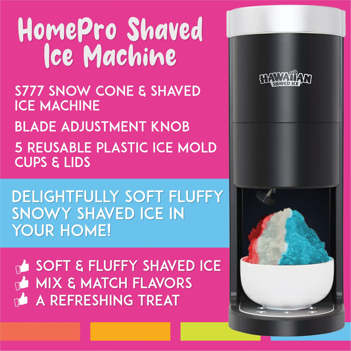 S777 HomePro Shave Ice Machine With 3 Flavor Snow Cone Syrup Pack Including Party Ready Accessories by Hawaiian Shaved Ice – Commercial Grade