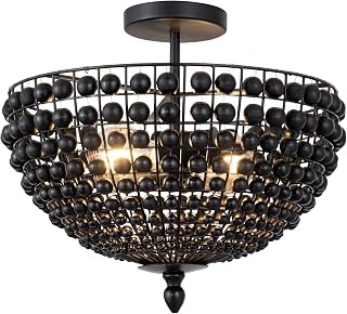 Canarm Ltd. Ashbay 2-Light Semi-Flush Mount Light – Black Finish with Wooden Bead Accents, Rustic Coastal Design, Ideal for Bedrooms, Hallways, Accent Spaces