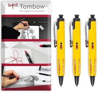 Tombow AirPress Retractable Ballpoint Pen - Outdoor Pen - 0.7mm - Yellow Barrel - Black Ink - Pack of 3 In Envelope Gift Packaging