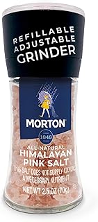 Morton Himalayan Pink Salt, Grinder, (2.5 oz), Refillable & Adjustable, All-Natural, Perfect for Cooking, Seasoning, and Finishing
