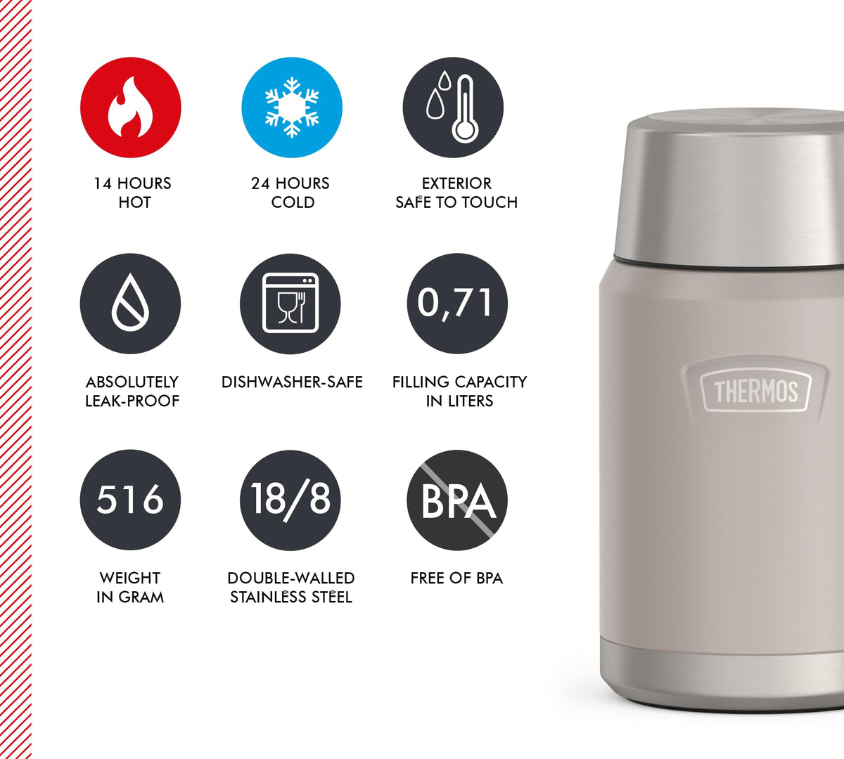 ICON Thermal Food Container 0.71 L 14 Hours Hot Sandstone Mat by THERMOS – 710 ml, 710.0 milliliters, Stainless Steel, Beige / Sandstone Mat, Model 4120323071