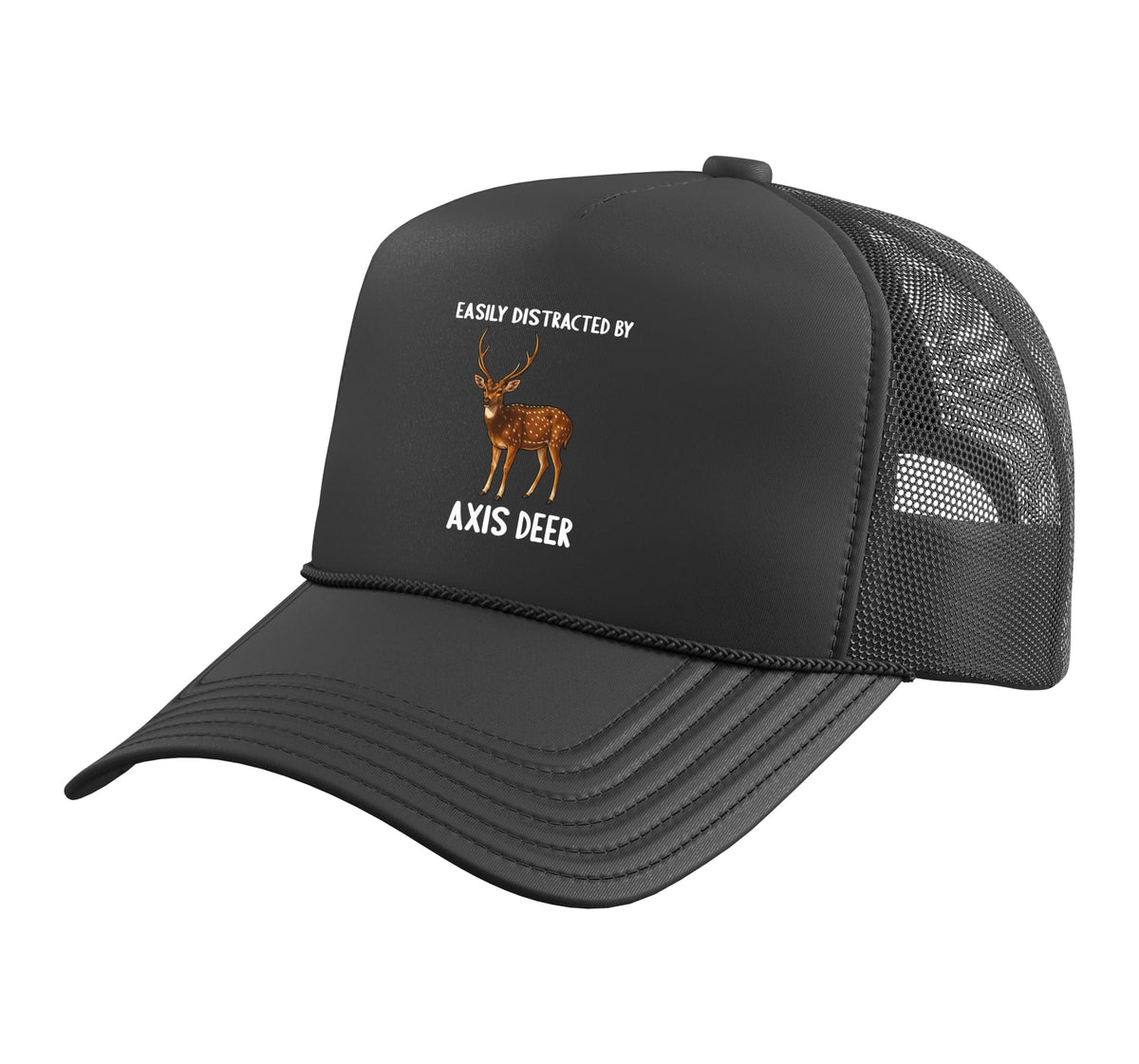 Chital Easily Distracted by Axis Deer Trucker Hat with Adjustable Mesh Back by Chital Axis Deer Lovers Shop – Polyester, Black