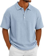 Men's Linen-Like Textured Polo Shirt Summer Casual Polo Shirt Short Sleeve Shirts Button Down Collar Loose Fit Top