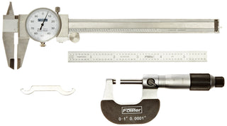 Universal Measuring Set, 6" Dial Caliper, 6" Flexible Rule, Micrometer by Fowler – 6" Dial Caliper, 6" Flexible Rule, Micrometer, Metal, Silver, Model 52-095-007-0