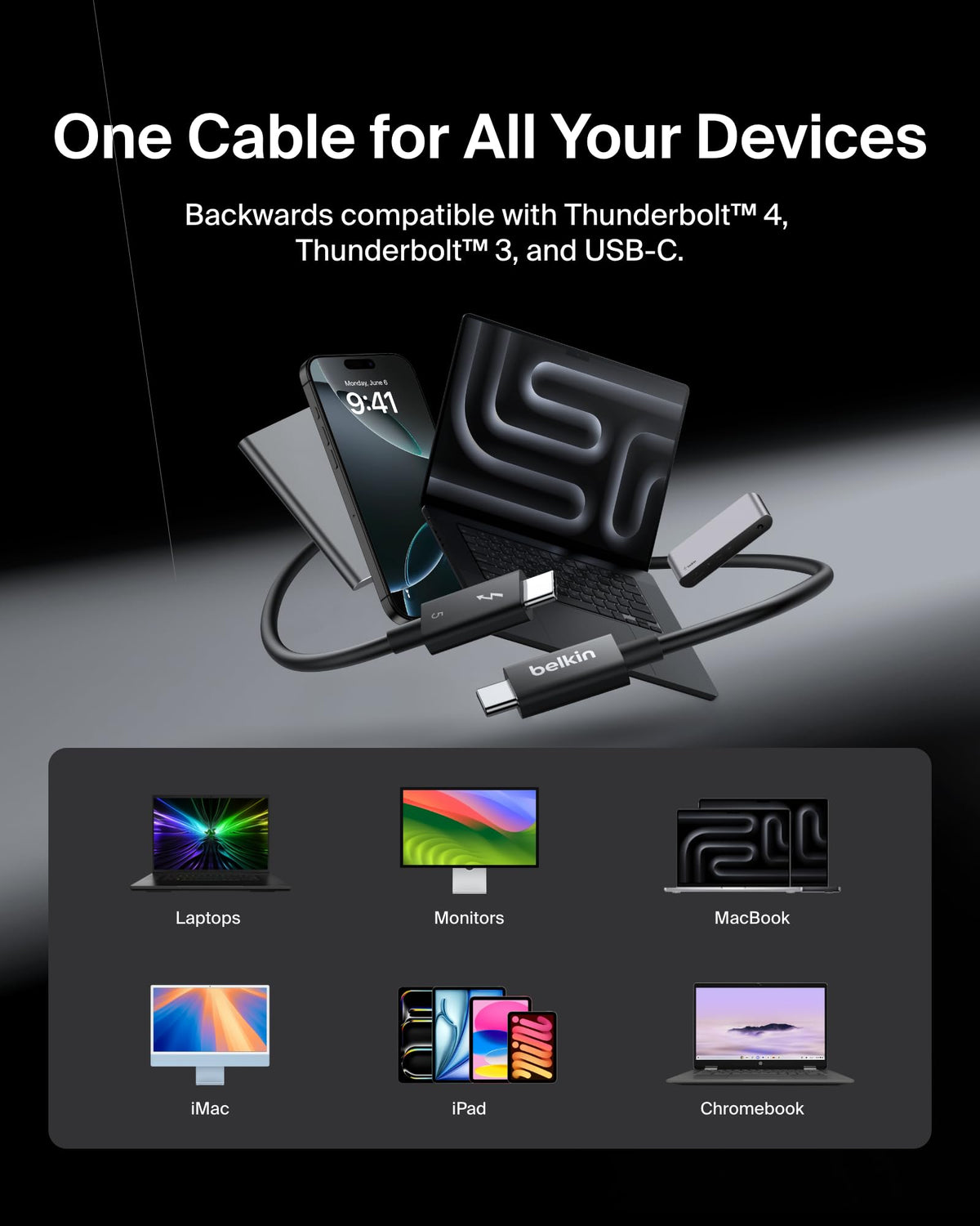 Thunderbolt 5 Cable USB-C USB4 120Gbps 240W High Speed Data Transfer Supports 4K/540Hz Heavy Duty for iPhone 16/MacBook/iPad Pro/iMac/Windows USB-IF Certified 1M Black by Belkin –