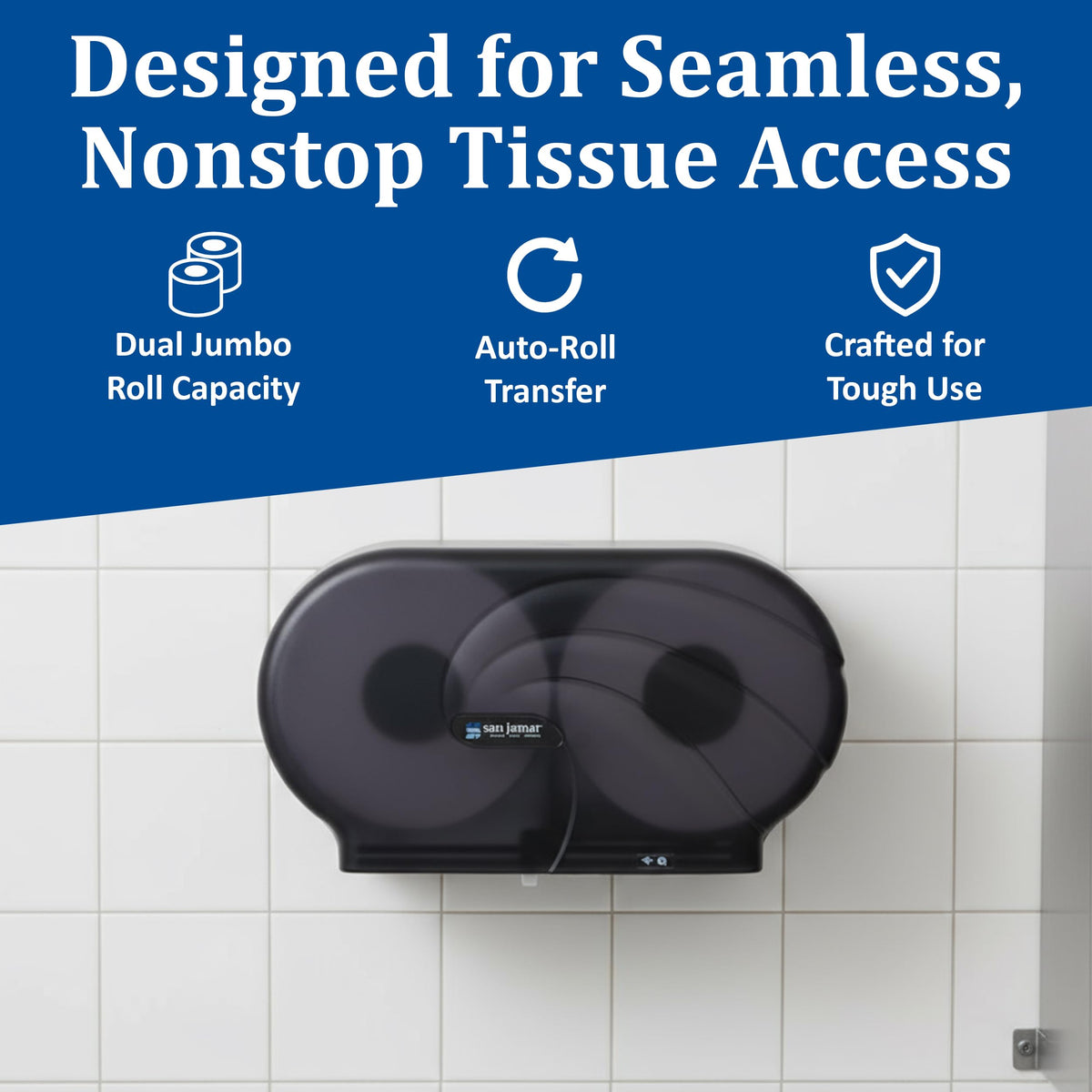 Twin 9" Bath Tissue Dispenser by San Jamar – 19 x 5 1/4 x 12, Plastic, Black Pearl, Model R4090TBK