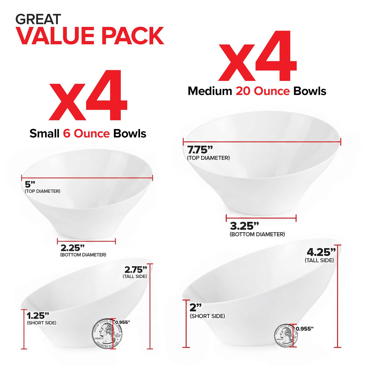 Multi-Pack White Plastic Serving Bowls (8 Pack) 4 x 6oz Small Disposable Candy Dishes by Stock Your Home – Mixed Pack - 4 Small (6oz), 4 Medium (20oz), 54.0 ounces, Plastic, White