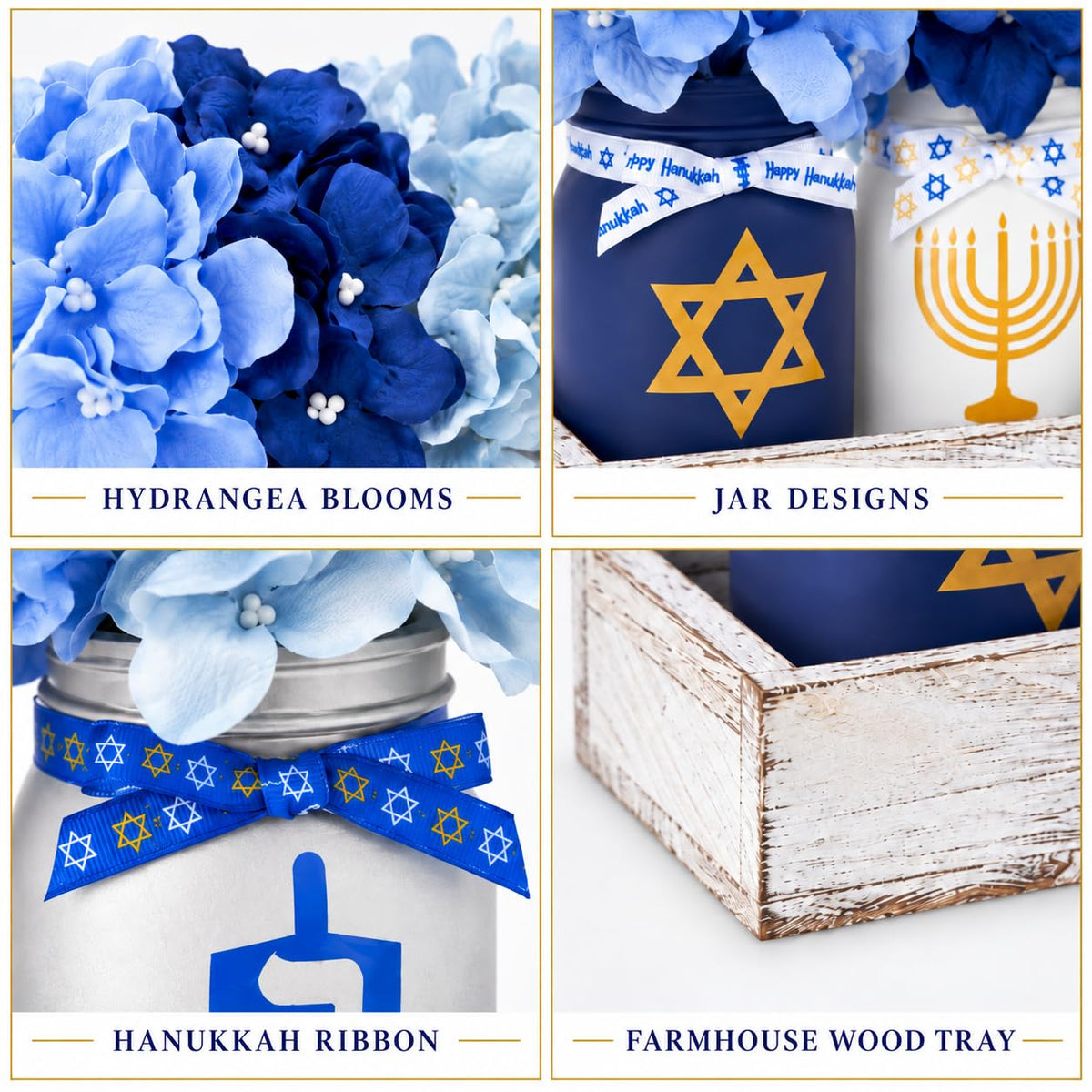 Kivivo Hanukkah Mason Jar Set, Blue Glass with Tray and Flowers