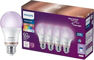 PHILIPS Smart Lighting Connected Light Bulbs, 4-Pack, Color A19 60W 800LM E26 Indoor LED Lights, Smart Bulbs with Motion Detection, Control with Voice or App