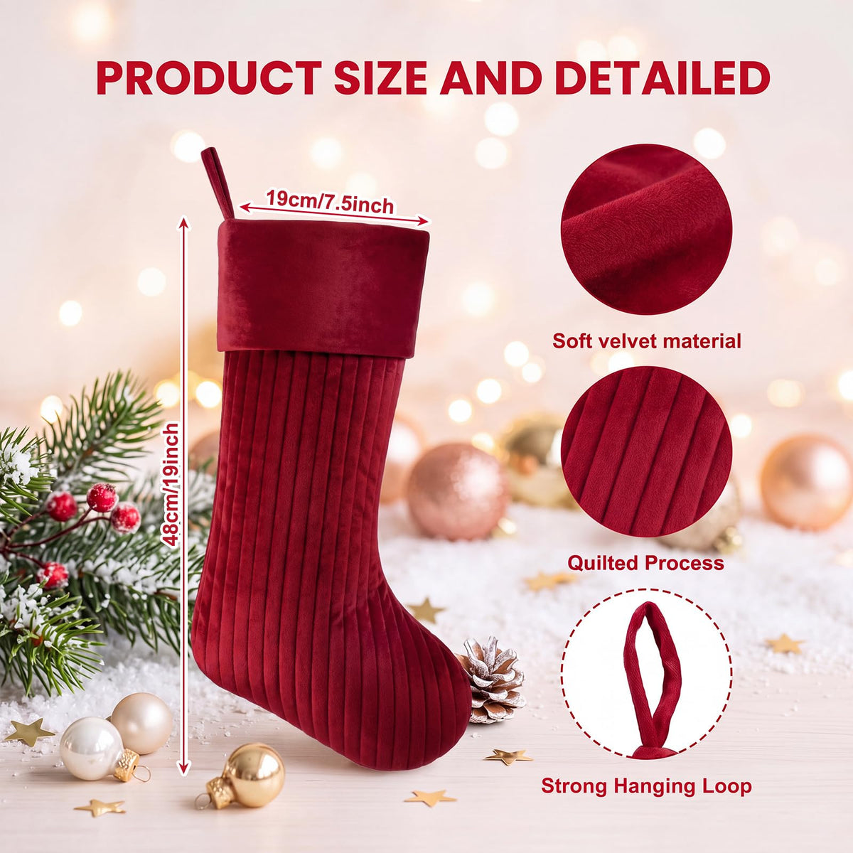 Teyva Daily Christmas Stockings, 19 Inch Velvet Quilted, Red Beige Green Set of 6