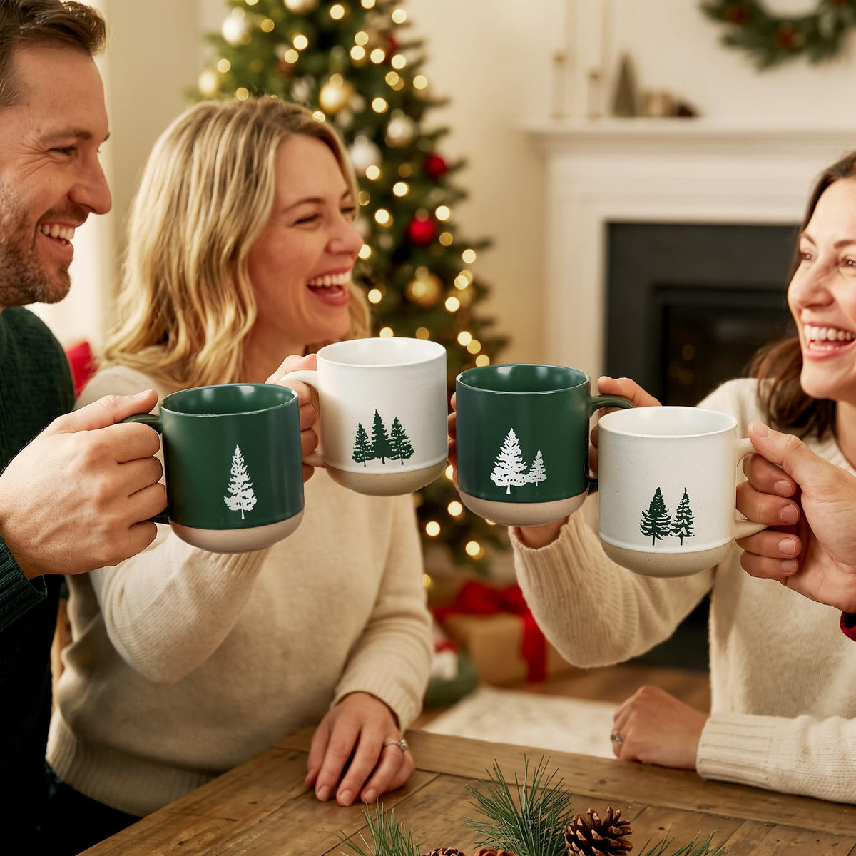Bokon Christmas Tree Coffee Mugs, 16 oz Ceramic Cups, Set of 4
