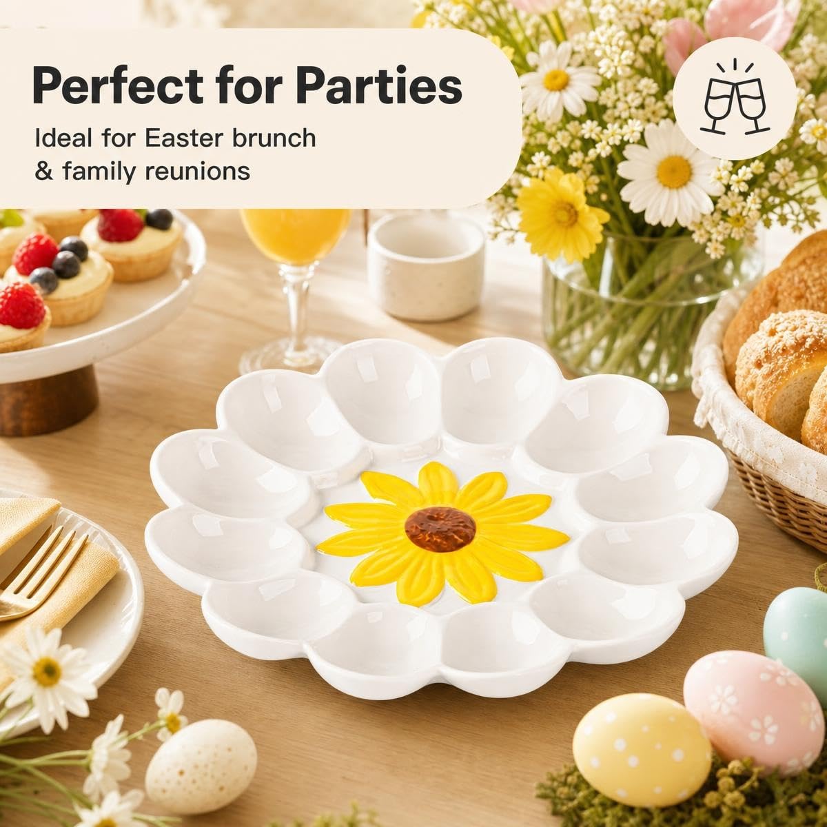 YU&CH Deviled Egg Plate, 12 Slots, White Sunflower