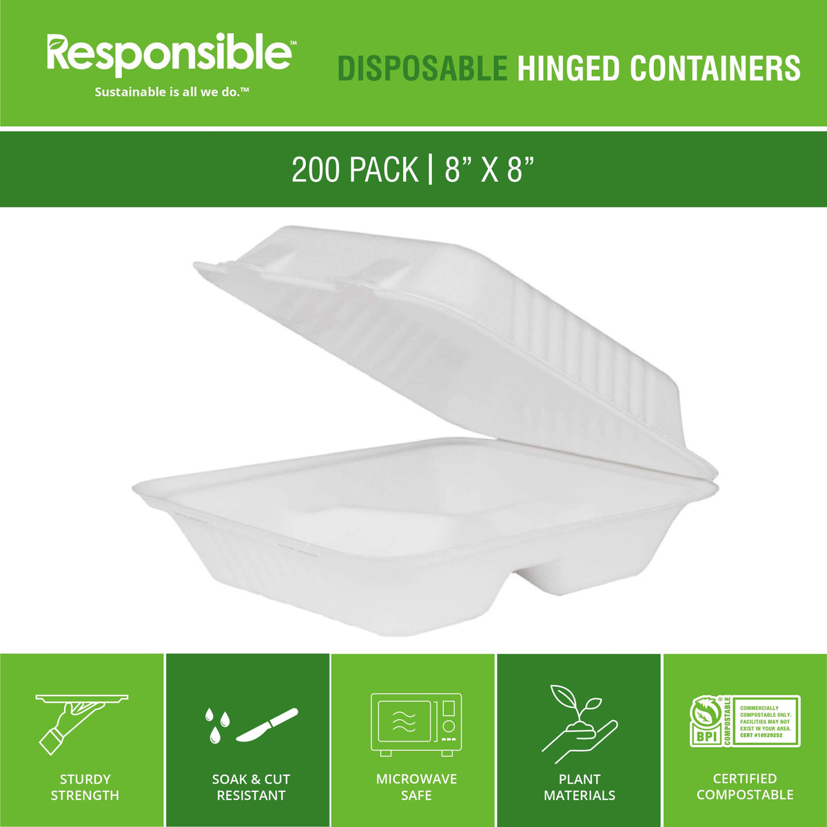 8 inch 3-Compartment Hinged Containers by Responsible Products – 5.3 liters, Other, Classic White, Model RP-8X8-3CHC-NPAW-200