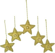 Hand Beaded Christmas Holiday Ornaments, 'Dazzling Golden Stars' (Set of 5), Handmade in India