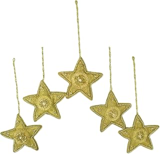 Hand Beaded Christmas Holiday Ornaments, 'Dazzling Golden Stars' (Set of 5), Handmade in India