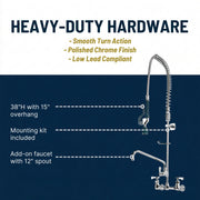 Low Lead Wall Mount Pre-Rinse Faucet with 12" Swing Spout by Krowne – 8 Inch, Brass, Silver, Model 17-109WL