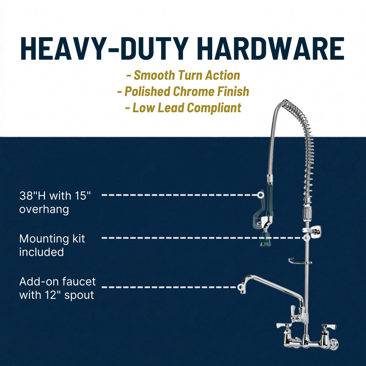 Low Lead Wall Mount Pre-Rinse Faucet with 12" Swing Spout by Krowne – 8 Inch, Brass, Silver, Model 17-109WL